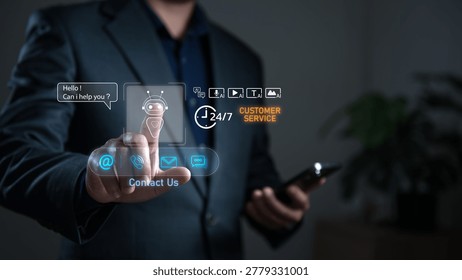Businessman using AI chatbot interface for customer service support, representing artificial intelligence assistant, online communication, automation technology and 24 hours digital support solutions.