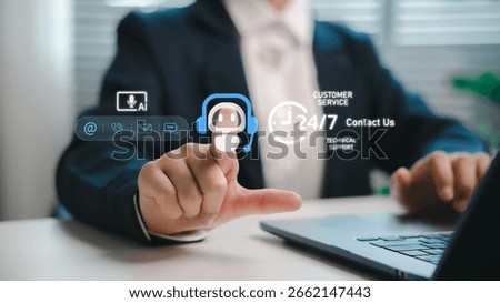 Businessman using AI chatbot interface for 24-7 customer support and technical assistance, modern digital contact service technology.