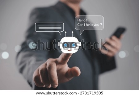 Businessman using AI chatbot interface on virtual screen, artificial intelligence customer service concept, digital assistant, online support, smart technology, automation communication innovation.