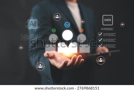 Businessman using AI and data analysis to identify target audience, representing customer segmentation, partner profiling, predictive analytics, CRM systems, and strategic business intelligence.