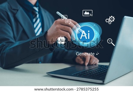 Businessman using AI generate interface on laptop, representing artificial intelligence, generative technology, machine learning, automation, smart business solutions, and digital innovation.