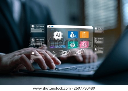 Businessman using AI payroll software for salary automation, tax calculation, and employee data management, representing smart HR technology and digital payroll transformation.