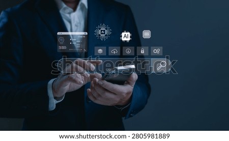 Businessman using AI search engine and chatbot interface on smartphone, featuring artificial intelligence, smart search, data analytics, cloud technology, automation and digital transformation.