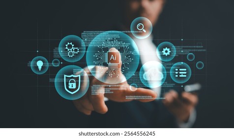 businessman using Ai technology in business by artificial intelligence,  smart robot AI, Futuristic technology transformation, using AI technology for developing running business on cloud computing 