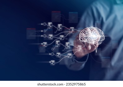 Businessman using ai technology for data analytics, Artificial Intelligence generate. Futuristic technology, robot in online system. Business in future to invest and develop corporate concept.