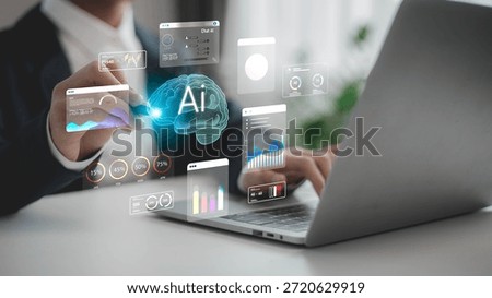 Businessman using AI technology for data analytics and digital transformation, showing futuristic virtual dashboard interface with charts, graphs, and artificial intelligence icons.