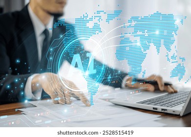 Businessman using AI technology for logistic management leverages data analytics to enhance decision-making, streamline supply chain operations, and minimize errors in shipment tracking distribution.