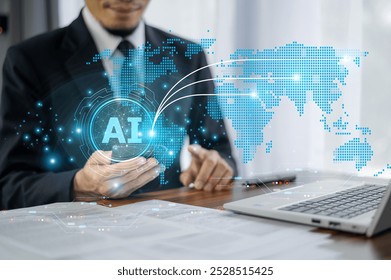 Businessman using AI technology for logistic management leverages data analytics to enhance decision-making, streamline supply chain operations, and minimize errors in shipment tracking distribution.