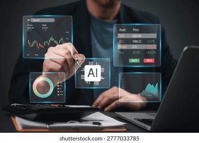 Businessman using AI technology managing stock market portfolio virtual financial dashboard stock charts investment strategy automated trading fintech innovation wealth management concept.