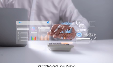 Businessman using AI-powered data analytics tools with digital graphs and interface icons, representing smart financial management, innovation, and digital transformation.