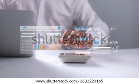Businessman using AI-powered data analytics tools with digital graphs and interface icons, representing smart financial management, innovation, and digital transformation.