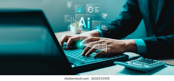 Businessman using AI-powered forecasting system on laptop, futuristic digital interface showing analytics, data prediction charts for business planning, finance strategy, and machine learning insight