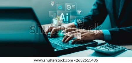Businessman using AI-powered forecasting system on laptop, futuristic digital interface showing analytics, data prediction charts for business planning, finance strategy, and machine learning insight