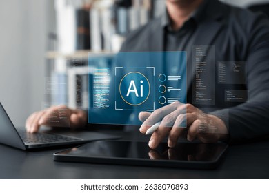 Businessman using artificial intelligence AI technology on a tablet with futuristic digital interface for machine learning, data processing, and programming innovation.