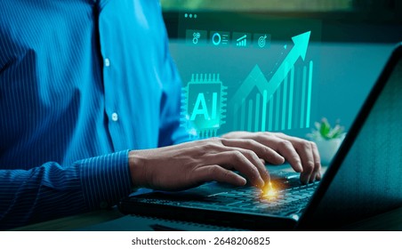 Businessman using artificial intelligence to boost productivity and performance, with upward arrow graph and digital data interface, symbolizing AI-driven growth, innovation, and future success.