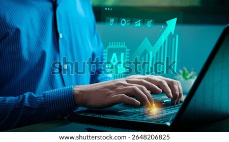 Businessman using artificial intelligence to boost productivity and performance, with upward arrow graph and digital data interface, symbolizing AI-driven growth, innovation, and future success.