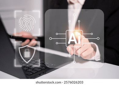 Businessman using artificial intelligence for security safety cybersecurity data password privacy concept network communication computer futuristic innovation firewall lock protection shield crime