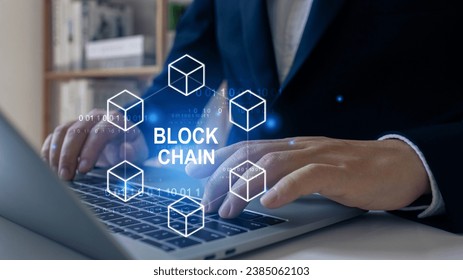 Businessman using blockchain technology fintech cryptocurrency, Chain of network connections, block chain server, security , binary coded icons.
