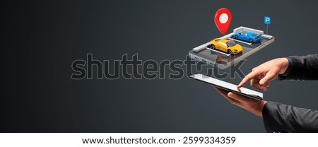 Businessman using carsharing mobile application with digital cars on phone screen, symbolizing online vehicle rental service on dark background