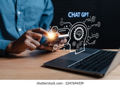 Businessman using chatbot in computer smart intelligence Ai.Chat GPT Chat with AI Artificial Intelligence, developed by OpenAI generate. Futuristic technology, robot in online system. - Shutterstock ID 2247694339