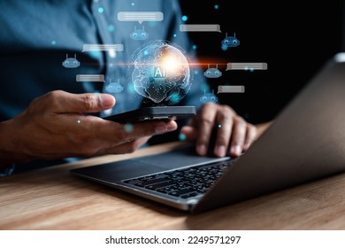 Businessman using chatbot in computer smart intelligence Ai.Chat GPT Chat with AI Artificial Intelligence, developed by OpenAI generate. Futuristic technology, robot in online system. - Shutterstock ID 2249571297