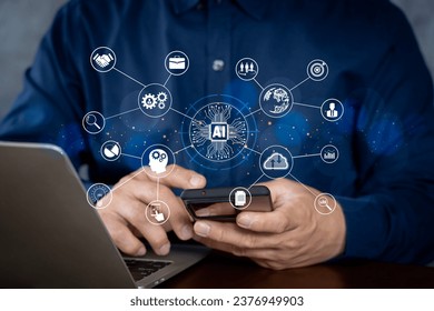 Businessman using chatbot in computer smart intelligence Ai.Chat GPT Chat with AI Artificial Intelligence, developed by OpenAI generate. Futuristic technology, robot in online system.