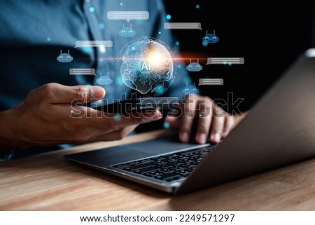 Businessman using chatbot in computer smart intelligence Ai.Chat GPT Chat with AI Artificial Intelligence, developed by OpenAI generate. Futuristic technology, robot in online system.