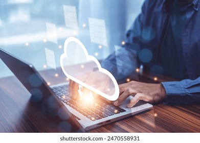 Businessman using Cloud Computer technology and storage online for computer business network ideas connected to Internet server services for cloud transfer shown in the future Network of Data. - Powered by Shutterstock