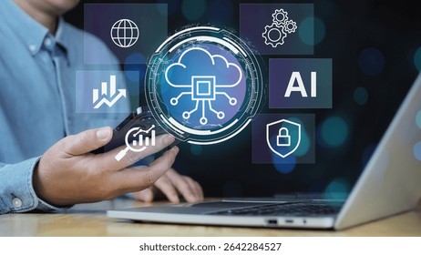 Businessman using cloud data services via mobile device. cloud computing UI, futuristic server network, AI interface, digital data flow, neural matrix, glass dashboard, floating UI elements