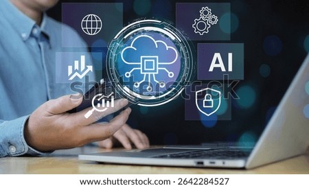 Businessman using cloud data services via mobile device. cloud computing UI, futuristic server network, AI interface, digital data flow, neural matrix, glass dashboard, floating UI elements