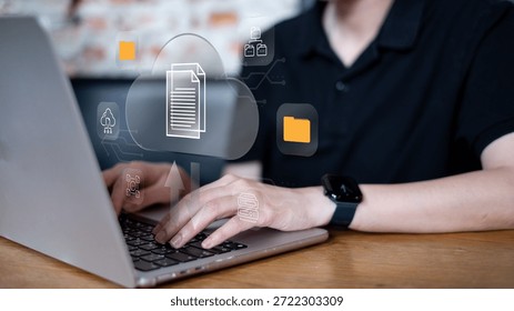 Businessman using cloud data to upload migration file document online wireless from storage server, futuristic innovation information technology concept digital laptop network computer communication