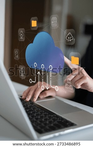Businessman using cloud data to upload migration file document online wireless from storage server, futuristic innovation information technology concept digital laptop network computer communication