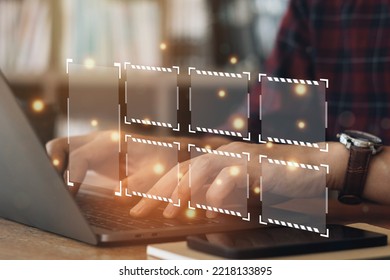 Businessman using a computer analysis for process and workflow automation with flowchart, a businessman in background