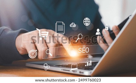 Businessman using a computer for analysis SEO Search Engine Optimization Marketing Ranking Traffic Website Internet Business Technology Concept.