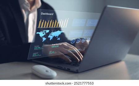 Businessman using computer dashboard analyzing sales data and financial report. Financial Management data System KPI connected in database for follow earnings,operations and sales data.