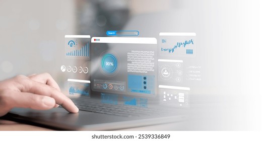 Businessman using computer for development and Analytics Data technology management System for report marketing strategy planning. graph analysis and information on a futuristic virtual screen. - Powered by Shutterstock - Get 15% off with code: PIKWIZARD15