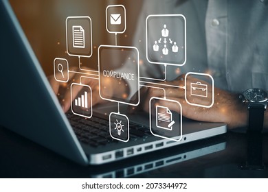 Businessman Using A Computer To Document Compliance To Standards, Concept About Conformity With Manager Or Auditor Pressing Buttons With Icons.