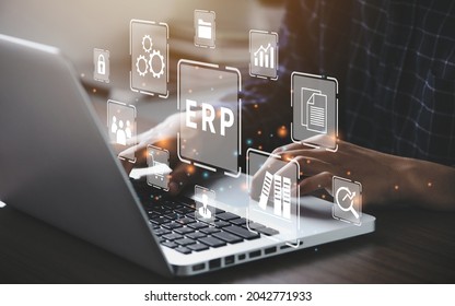 Businessman using a computer to document management for ERP. Enterprise resource planning concept.