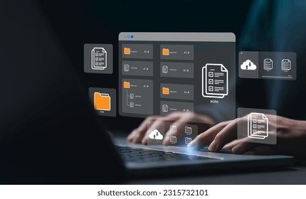 Businessman using a computer to document management concept, online documentation database and digital file storage system or software, records keeping, database technology, file access, doc sharing.