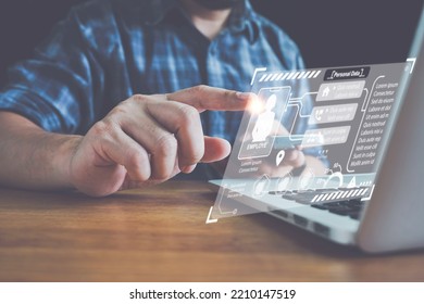 Businessman Using Computer Employee Confidentiality. Searching And Managing Corporate Files And Employee Information.Corporate Data Management System And Document Management System.