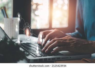 Businessman Using Computer Laptop For Selection Human Resource On A Virtual Screen Interface To Company. Human Resource Management, HR, Recruitment, Leadership And Teambuilding, 