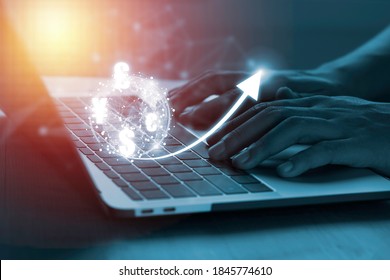 Businessman using computer laptop for trading exchange currency with virtual global , forex trading concept. - Shutterstock ID 1845774610
