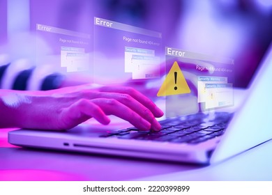 Businessman using computer laptop with triangle caution warning sing , Http 404 error not found page template concept. Server Not Found Error Danger Caution Warning Concept. 404 Error Page Not Found.