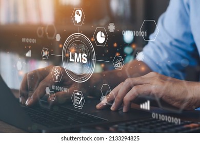 Businessman Using A Computer To LMS - Learning Management System Web Icon For Lesson And Online Education, Course, Application, Study, E Learning, Knowledge Everywhere And Every Time.
