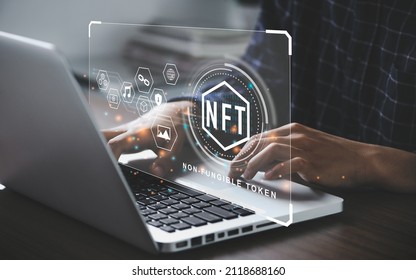 Businessman using a computer for NFT non fungible token for crypto art blockchain technology concept. - Shutterstock ID 2118688160