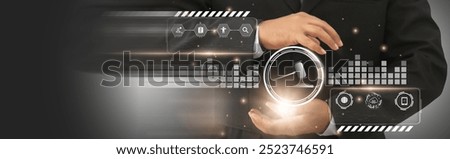 Businessman using computer Online Auction with hammer icon, futuristic concept bid winner highest bidder, public sale property auctioned business competition,e-auction and online bidding.