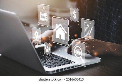 Businessman using a computer for property sales listings, realtor agency contractor, residential property, investment, housing project, property development real estate, choose a house buy online.