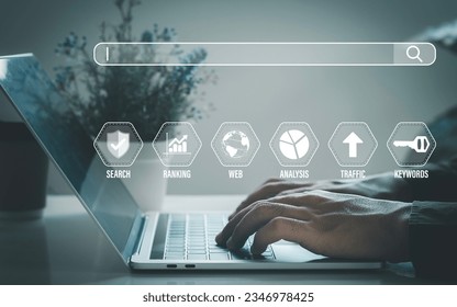 Businessman using computer for Search Engine Optimization or SEO and web promotion concept. search engine and optimization to rank