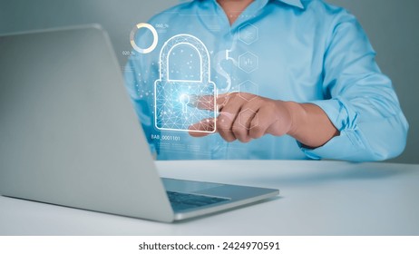 Businessman using computer secure encryption technology, cybersecurity privacy of data protection, security Internet access, security encryption of user private data, business confidentiality.