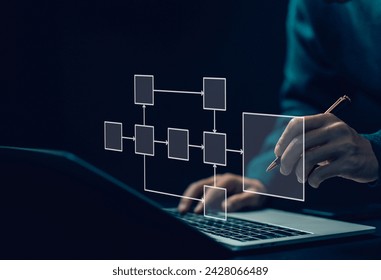 businessman using computer show diagram algorithm flow Business process organigram, hierarchy scheme. design workflow automation with flowcharts. model structure digital and data management